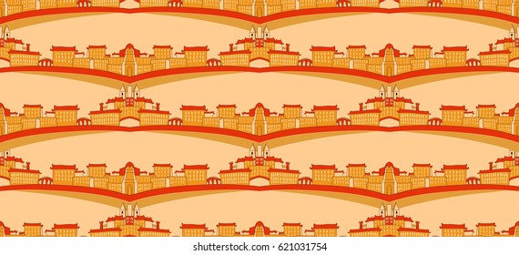Seamless pattern with colorful city silhouette. Hand drawn pattern. Vector illustration