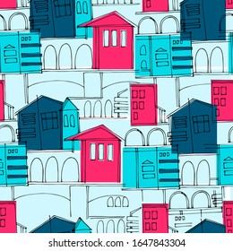 Seamless Pattern, Colorful Cityscape With Historical Buildings And Archways For Surface Design And Other Design Projects