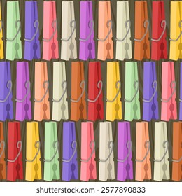 Seamless pattern with colorful clothespins - hand drawn vector illustration.