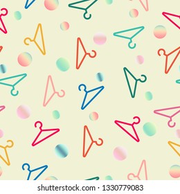 Seamless pattern of colorful cloths hanger, yellow background for paper print, textile fabric business. Vector design.