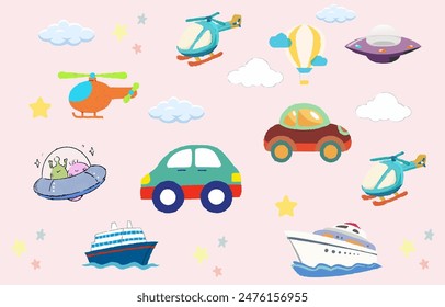 Seamless pattern with colorful Cloud Cute children background. Vector pastel. Colorful Illustration. Doodle Style. Set of cartoon transportation.