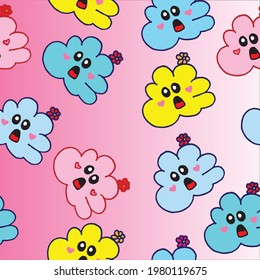 seamless pattern with colorful cloud on pink background. kawaii cloud with eyes and mouth, cute expression. hand drawn vector. doodle art for wallpaper, wall design, backdrop, wrapping paper, fabric.