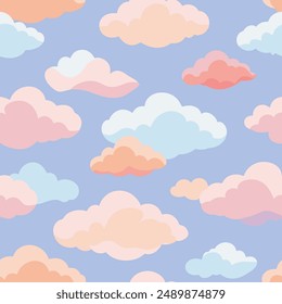 Seamless pattern with colorful clouds on a blue background