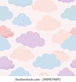 A seamless pattern with colorful clouds on a pink background