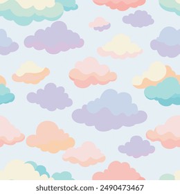 A seamless pattern of colorful clouds on a blue background with keywords