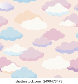 A seamless pattern of colorful clouds on a pink background for textile design