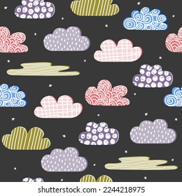 Seamless pattern with colorful clouds and stars. Fantasy cute print. Vector hand drawn illustration.