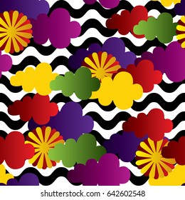 Seamless pattern with colorful clouds and sun on black waves. Vector Illustration.