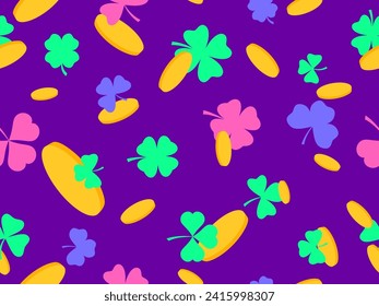 Seamless pattern with colorful clover leaves and gold coins for St. Patrick's Day. Symbols of the Irish holiday. Festive wallpaper, banner and cover design. Vector illustration