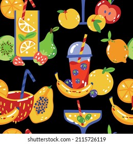 Seamless pattern of colorful cocktails with fruits for summer holidays, parties and vacations. Vector illustration on a black background, for printing on banners, menus, wallpapers, wrapping paper