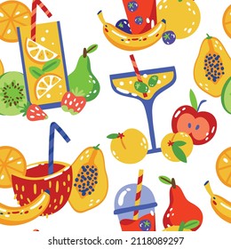 Seamless pattern of colorful cocktails with fruits for summer holidays, parties and vacations. Vector illustration on a white background, for printing on banners, menus, wallpapers, wrapping paper