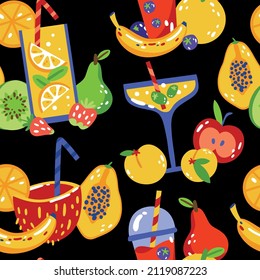 Seamless pattern of colorful cocktails with fruits for summer holidays, parties and vacations. Vector illustration on a black background, for printing on banners, menus, wallpapers, wrapping paper