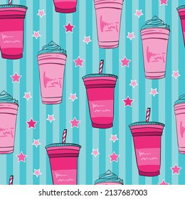 Seamless pattern with colorful cocktails and ice cream. Background for textile, fabric, stationery, clothes, girl, socks, wrapping paper, clothes and other designs.