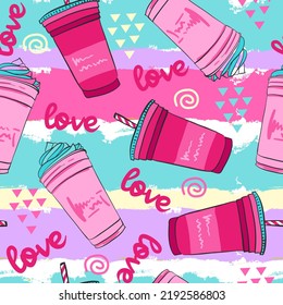 Seamless pattern with colorful cocktails and ice cream. Background for textile, fabric, stationery, clothes, girl, socks, wrapping paper, clothes and other designs.