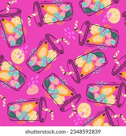 Seamless pattern with colorful cocktails and juice. Background for textile, fabric, stationery, clothes, girl, socks, wrapping paper, clothes and other designs.