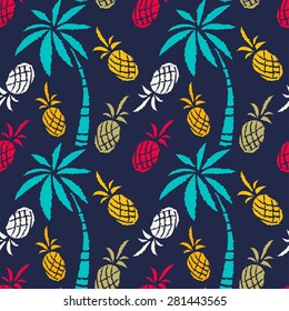 Seamless pattern with colorful coconut palm trees, pineapples. Summer print, repeating background texture 