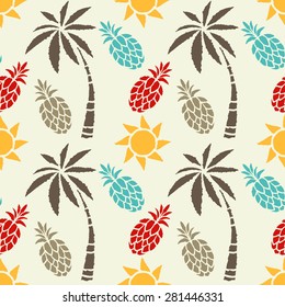 Seamless pattern with colorful coconut palm trees, pineapples, sun. Summer print, repeating background texture 