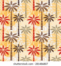 Seamless pattern with colorful coconut palm trees, sea shells. Summer print, repeating background texture 