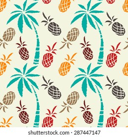 Seamless pattern with colorful coconut palm trees, pineapples. Summer print, repeating background texture 