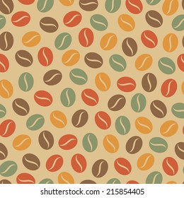Seamless pattern of colorful coffee beans. Vector illustration, EPS 8.