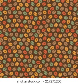 Seamless pattern of colorful coffee beans on brown background. Vector illustration, EPS 8.