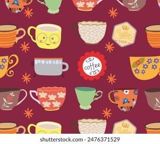 Seamless Pattern with Colorful Coffee Cup Vector Image Postcard