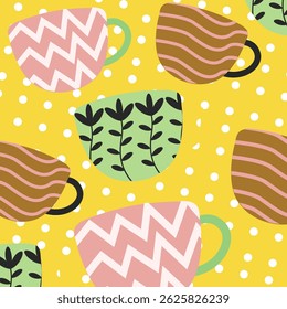 Seamless pattern with colorful coffee cup illustrations on yellow background. Illustrations vecto