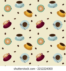 seamless pattern of colorful coffee cups and beans on a beige background. For wrapping paper, wallpaper, screensavers