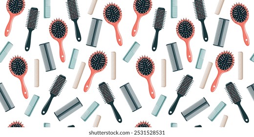 Nahtloses Muster mit bunten Kämmen und Haarbürsten auf hellem Hintergrund. Friseursalon, Friseursalon-Konzept. Vektorgrafik