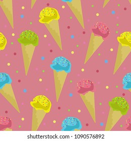 Seamless pattern of colorful cones with ice cream on a pink background