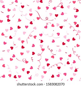 Seamless pattern with colorful confetti hearts and serpentine. Cute romantic background for Valentine's day.