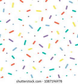 Seamless pattern with colorful confetti sprinkles. Donut glaze background. Minimal line shape and dots. geometric scrapbook design.