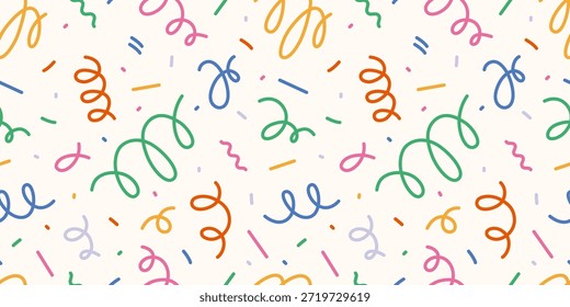 Seamless pattern with colorful confetti, streamers and decorative shapes. Festive abstract design for celebrations and events. Trendy vector illustration on light background, hand drawn, flat
