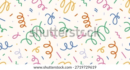 Seamless pattern with colorful confetti, streamers and decorative shapes. Festive abstract design for celebrations and events. Trendy vector illustration on light background, hand drawn, flat