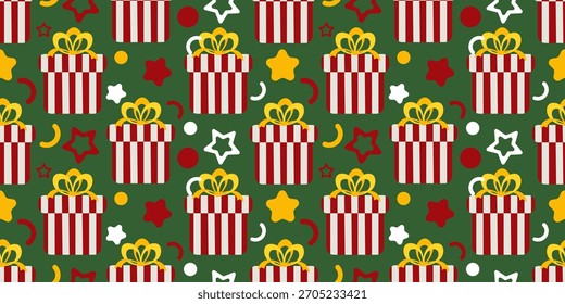 Seamless pattern with colorful confetti and striped gift boxes on green background. Ideal for festive textiles, packaging, wrapping paper, and cheerful holiday projects