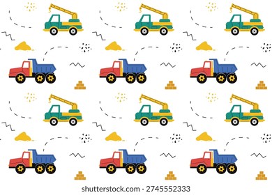 Seamless pattern with colorful construction trucks, cranes and dump trucks. Vector flat illustration for kids nursery wallpaper, textile fabric and wrapping paper design. Isolated on white