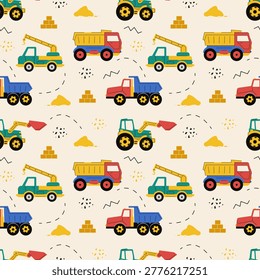 Seamless pattern with colorful construction vehicles like trucks, cranes, and excavators. Ideal for kids' nursery wallpaper, textile design, and fabric. Flat vector illustration for children