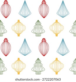 Padrão contínuo com contorno colorido papel brinquedos de Natal e ornamentos. Feito à mão. Fundo festivo de férias para o papel de embrulho de inverno, impressões têxteis, papéis de parede ou design gráfico sazonal