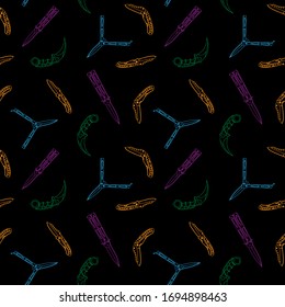seamless pattern with colorful contour pocket knives on black background