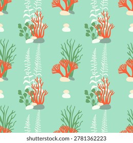 Seamless pattern with colorful coral reef, seaweeds and stones on mint background for textile, wallpaper, wrapping paper design and kids fabric print.