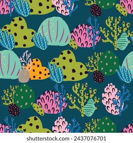 A seamless pattern of colorful corals and seaweed in pink and orange hues. An artistic representation of natures beauty, perfect for textile products inspired by marine botany