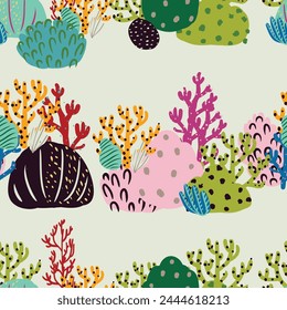 A seamless pattern of colorful corals and seaweed in pink and orange hues. An artistic representation of natures beauty, perfect for textile products inspired by marine botany. Simple cartoon design