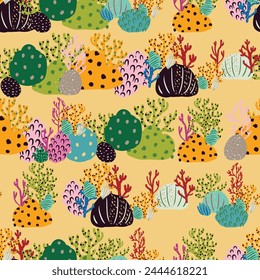 A seamless pattern of colorful corals and seaweed in pink and orange hues. An artistic representation of natures beauty, perfect for textile products inspired by marine botany