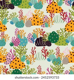 A seamless pattern of colorful corals and seaweed in pink and orange hues. An artistic representation of natures beauty, perfect for textile products inspired by marine botany