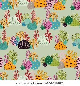 A seamless pattern of colorful corals and seaweed in pink and orange hues. An artistic representation of natures beauty, perfect for textile products inspired by marine botany