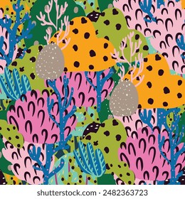 A seamless pattern of colorful corals and seaweed in pink and orange hues. An artistic representation of natures beauty, perfect for textile products inspired by marine botany. Simple cartoon design