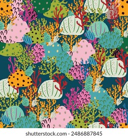 A seamless pattern of colorful corals and seaweed in pink and orange hues. An artistic representation of natures beauty, perfect for textile products