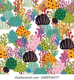 A seamless pattern of colorful corals and seaweed in pink and orange hues. An artistic representation of natures beauty, perfect for textile products