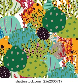 A seamless pattern of colorful corals and seaweed in pink and orange hues. An artistic representation of natures beauty, perfect for textile products inspired by marine botany. Simple cartoon design