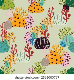 A seamless pattern of colorful corals and seaweed in pink and orange hues. An artistic representation of natures beauty, perfect for textile products inspired by marine botany. Simple cartoon design